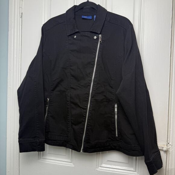 QVC Denim & Co. Perfect Flex Black/Grey Moto Jacket Womens 2X Black NWOT - Picture 1 of 9